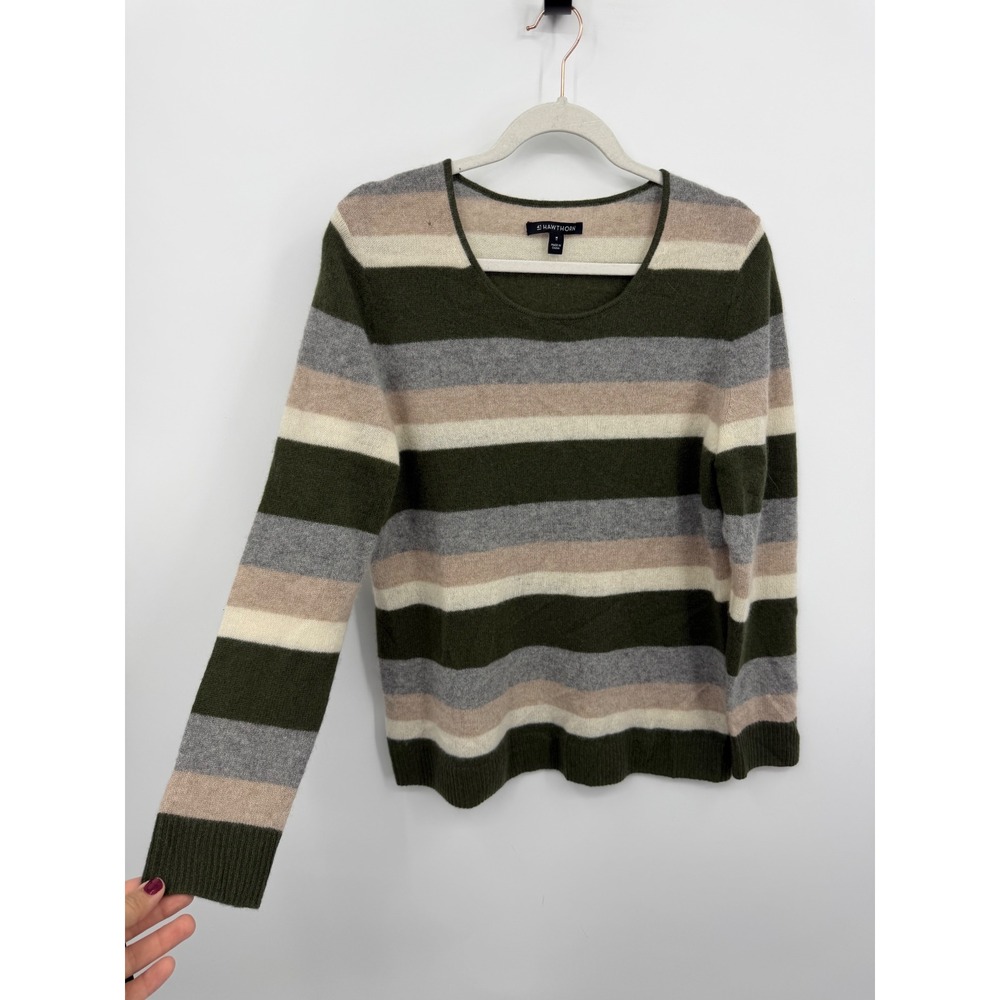 41 Hawthorn Cashmere Sweater Women M Green Striped Crew Neck WGS10378